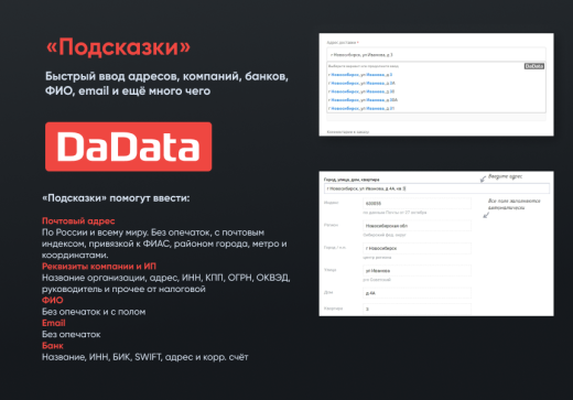 Подсказки по ФИО, адресам и реквизитам компаний на странице заказа Dadata.ru