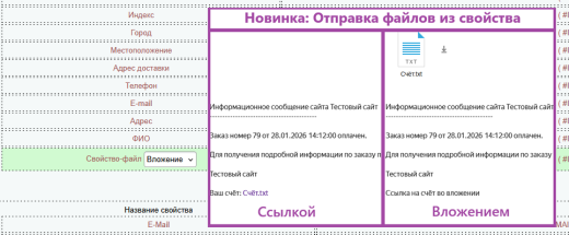 Параметры заказа в письме