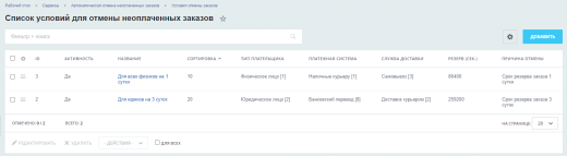 Автоматическая отмена неоплаченных заказов через заданный период времени