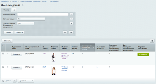 Подписка на товары: уведомление о наличии