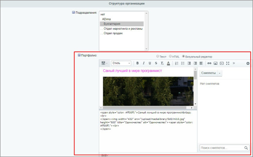 Тип пользовательского свойства - HTML/Визуальный редактор