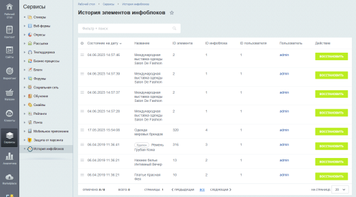 История изменения элементов инфоблока